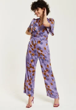 Women's Jumpsuit - Purple Floral Wide Leg with Angel Sleeves and Front Buttons by Liquorish