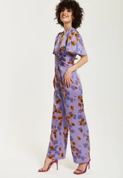 Women's Jumpsuit - Purple Floral Wide Leg with Angel Sleeves and Front Buttons by Liquorish
