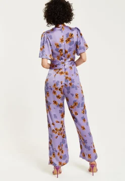 Women's Jumpsuit - Purple Floral Wide Leg with Angel Sleeves and Front Buttons by Liquorish