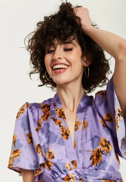 Women's Jumpsuit - Purple Floral Wide Leg with Angel Sleeves and Front Buttons by Liquorish