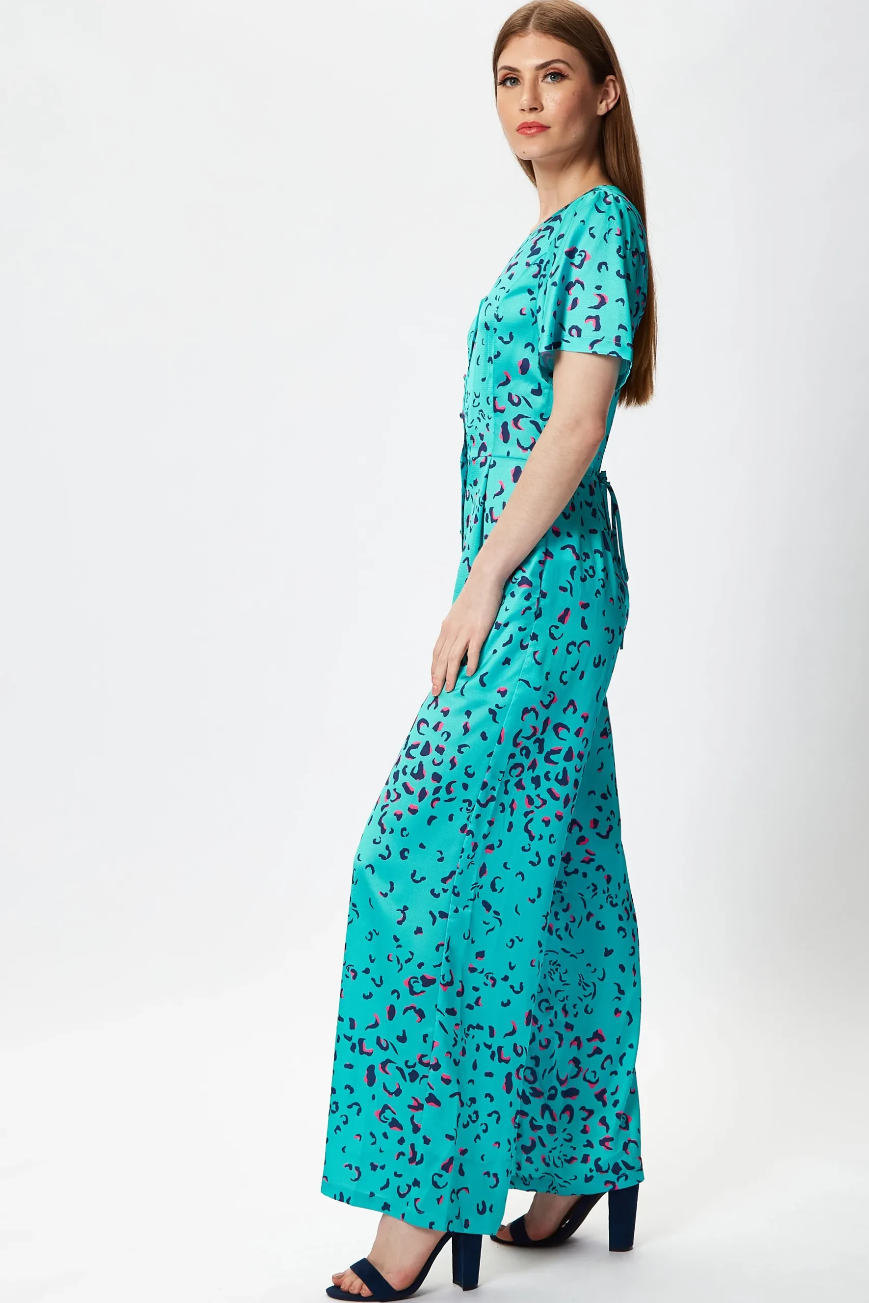 Women's Jumpsuit in Blue Animal Print with Short Sleeves, V Neck, and Wide Legs by Liquorish