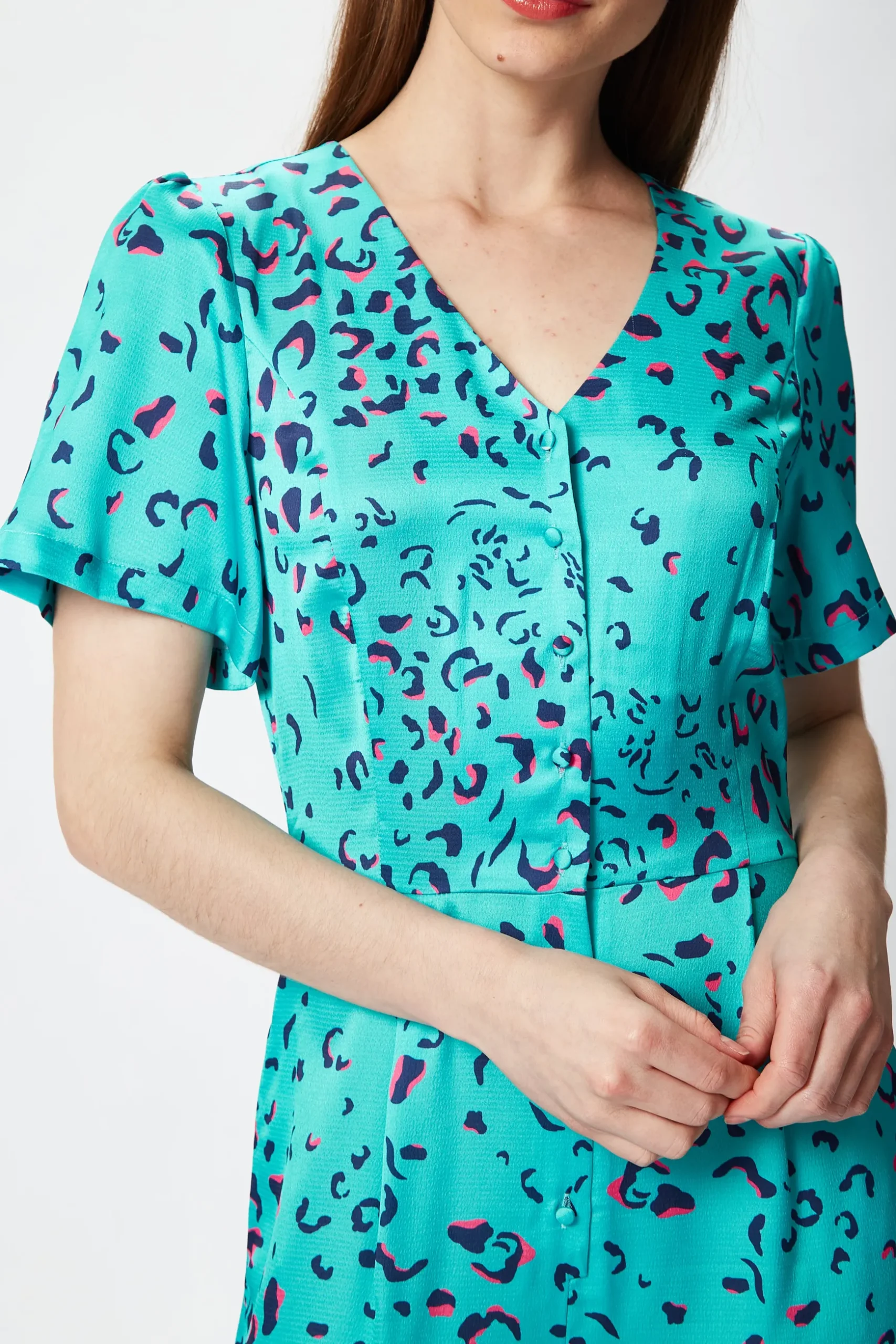 Women's Jumpsuit in Blue Animal Print with Short Sleeves, V Neck, and Wide Legs by Liquorish