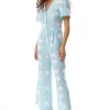 Women's Jumpsuit in Blue with Cloud Print, V Neck, Short Sleeves, Wide Legs, Button Details - Liquorish
