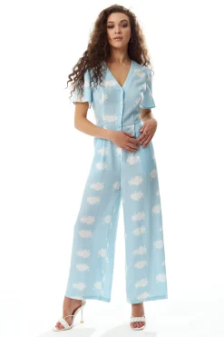 Women's Jumpsuit in Blue with Cloud Print, V Neck, Short Sleeves, Wide Legs, Button Details - Liquorish