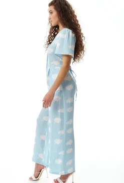 Women's Jumpsuit in Blue with Cloud Print, V Neck, Short Sleeves, Wide Legs, Button Details - Liquorish