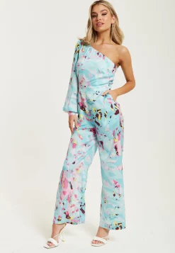 Women's Jumpsuit in Blue with Abstract Print, One Shoulder Style, Full Length Wide Legs, Regular Fit, Liquorish