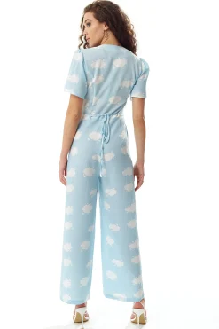 Women's Jumpsuit in Blue with Cloud Print, V Neck, Short Sleeves, Wide Legs, Button Details - Liquorish
