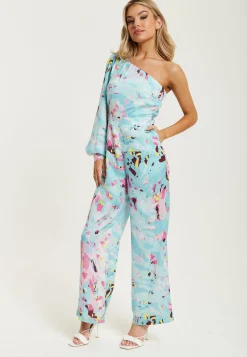 Women's Jumpsuit in Blue with Abstract Print, One Shoulder Style, Full Length Wide Legs, Regular Fit, Liquorish