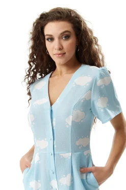 Women's Jumpsuit in Blue with Cloud Print, V Neck, Short Sleeves, Wide Legs, Button Details - Liquorish