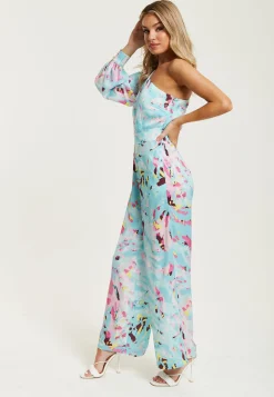 Women's Jumpsuit in Blue with Abstract Print, One Shoulder Style, Full Length Wide Legs, Regular Fit, Liquorish