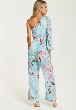 Women's Jumpsuit in Blue with Abstract Print, One Shoulder Style, Full Length Wide Legs, Regular Fit, Liquorish