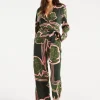 Women's Jumpsuit in Dark Green with Long Sleeves, Floral Print, Relaxed Fit - Liquorish