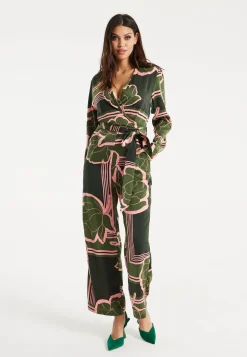Women's Jumpsuit in Dark Green with Long Sleeves, Floral Print, Relaxed Fit - Liquorish