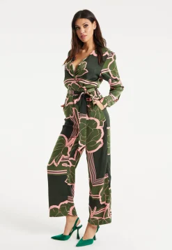 Women's Jumpsuit in Dark Green with Long Sleeves, Floral Print, Relaxed Fit - Liquorish