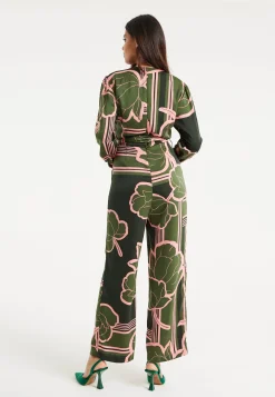 Women's Jumpsuit in Dark Green with Long Sleeves, Floral Print, Relaxed Fit - Liquorish