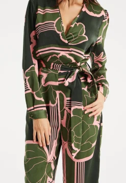 Women's Jumpsuit in Dark Green with Long Sleeves, Floral Print, Relaxed Fit - Liquorish