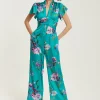 Women's Jumpsuit in Green Floral Print with Short Sleeves and V Neck - Regular Fit by Liquorish