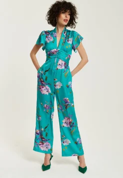 Women's Jumpsuit in Green Floral Print with Short Sleeves and V Neck - Regular Fit by Liquorish
