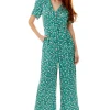 Women's Jumpsuit in Green with Stroke Print, Short Sleeves, V Neck, Wide Leg Design - Liquorish