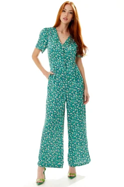 Women's Jumpsuit in Green with Stroke Print, Short Sleeves, V Neck, Wide Leg Design - Liquorish
