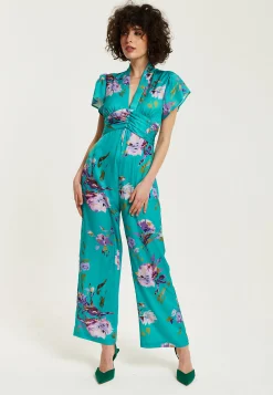 Women's Jumpsuit in Green Floral Print with Short Sleeves and V Neck - Regular Fit by Liquorish