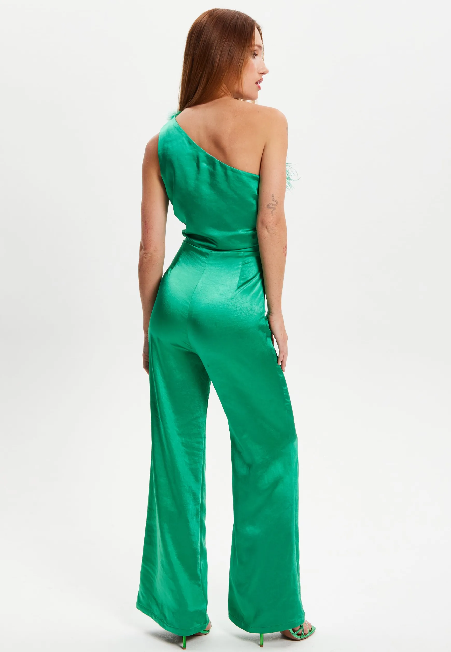 Women's Jumpsuit in Green - One Shoulder with Fur Detail, Ruched Bodice, Slim Fit, by Liquorish