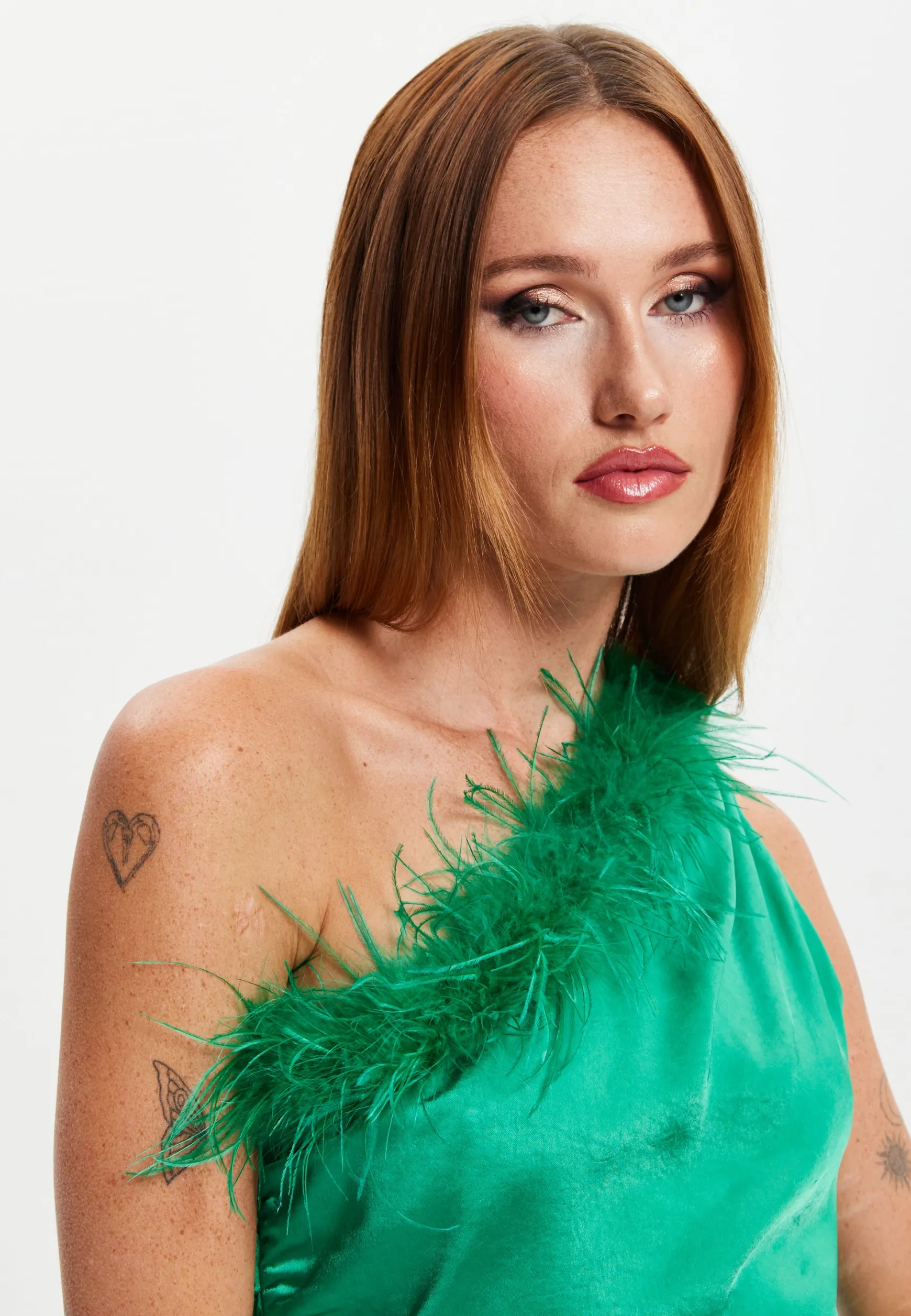 Women's Jumpsuit in Green - One Shoulder with Fur Detail, Ruched Bodice, Slim Fit, by Liquorish