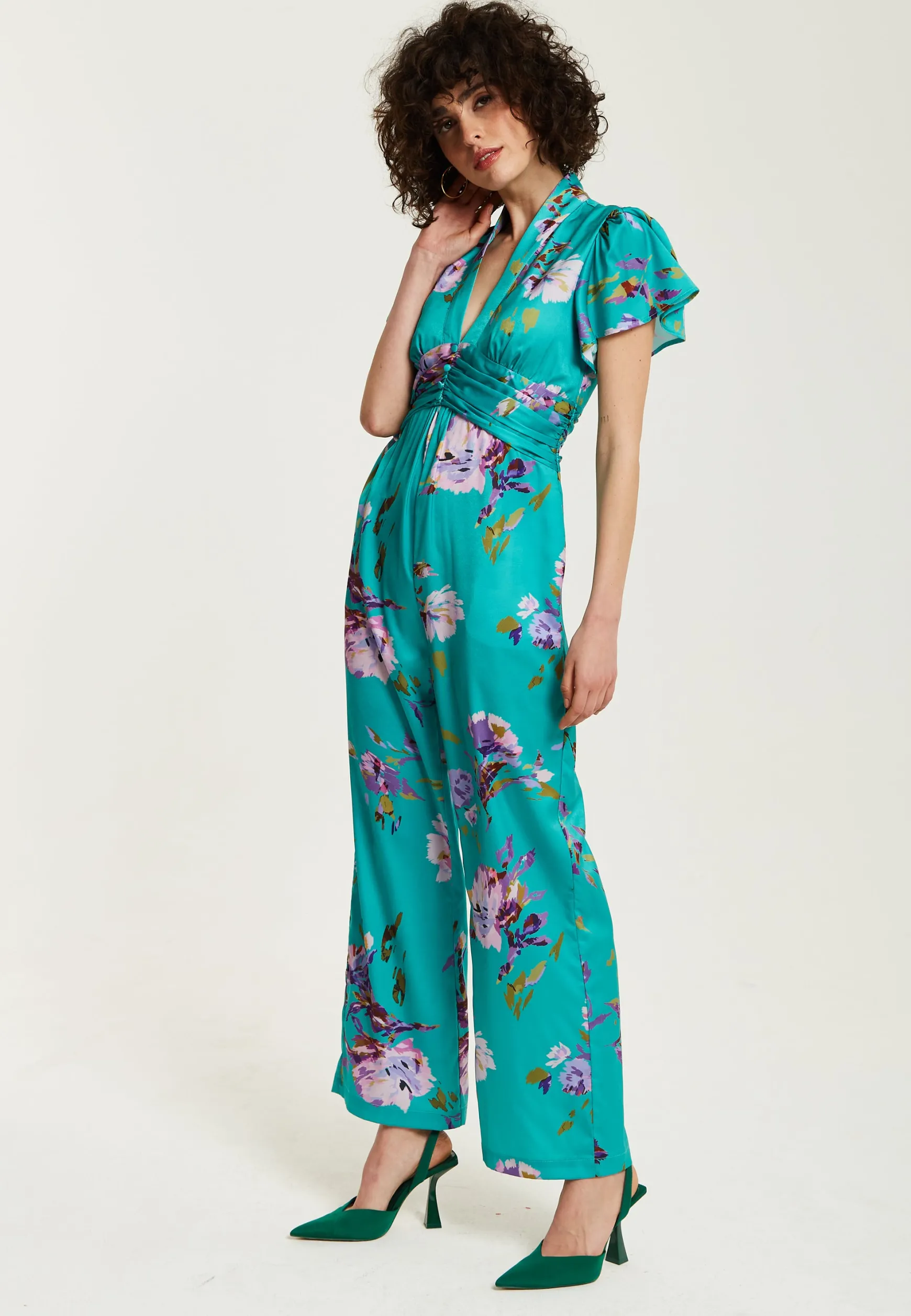 Women's Jumpsuit in Green Floral Print with Short Sleeves and V Neck - Regular Fit by Liquorish