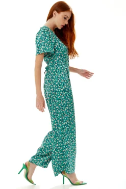 Women's Jumpsuit in Green with Stroke Print, Short Sleeves, V Neck, Wide Leg Design - Liquorish