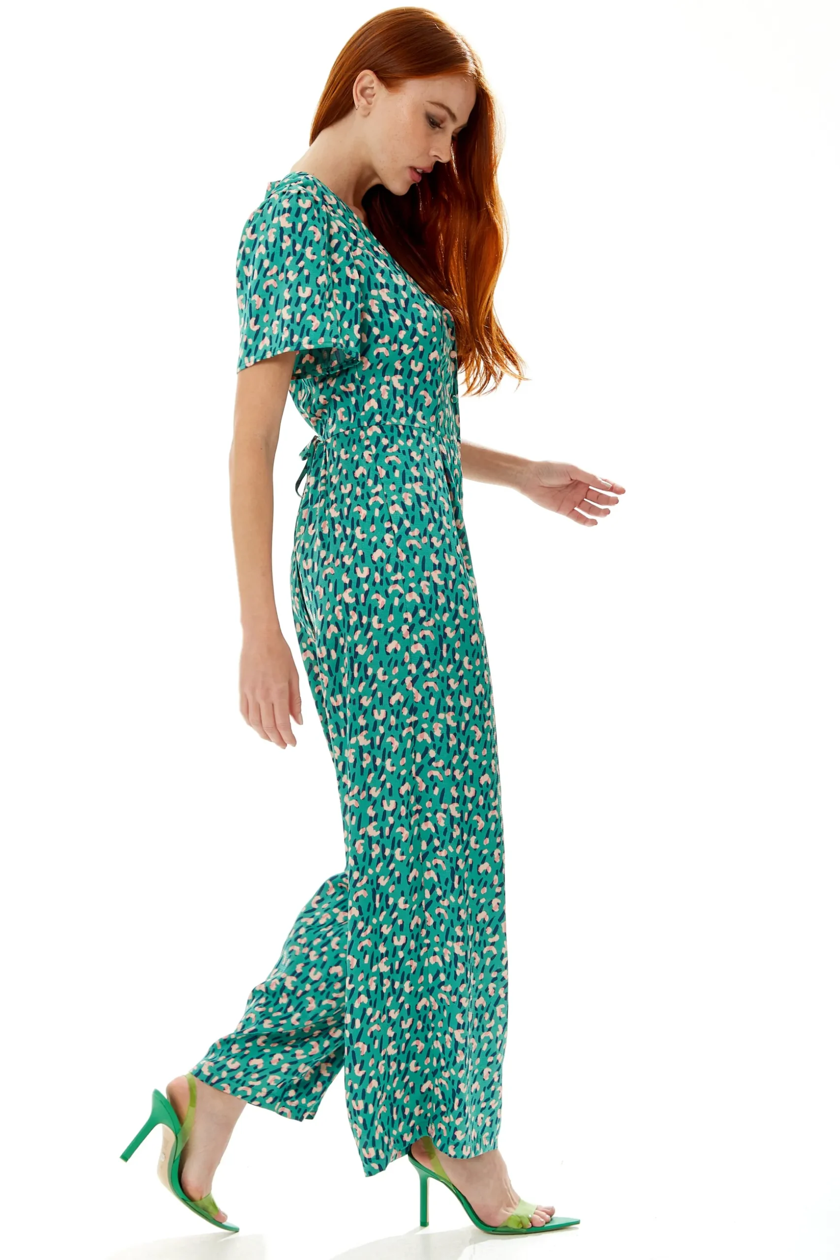 Women's Jumpsuit in Green with Stroke Print, Short Sleeves, V Neck, Wide Leg Design - Liquorish