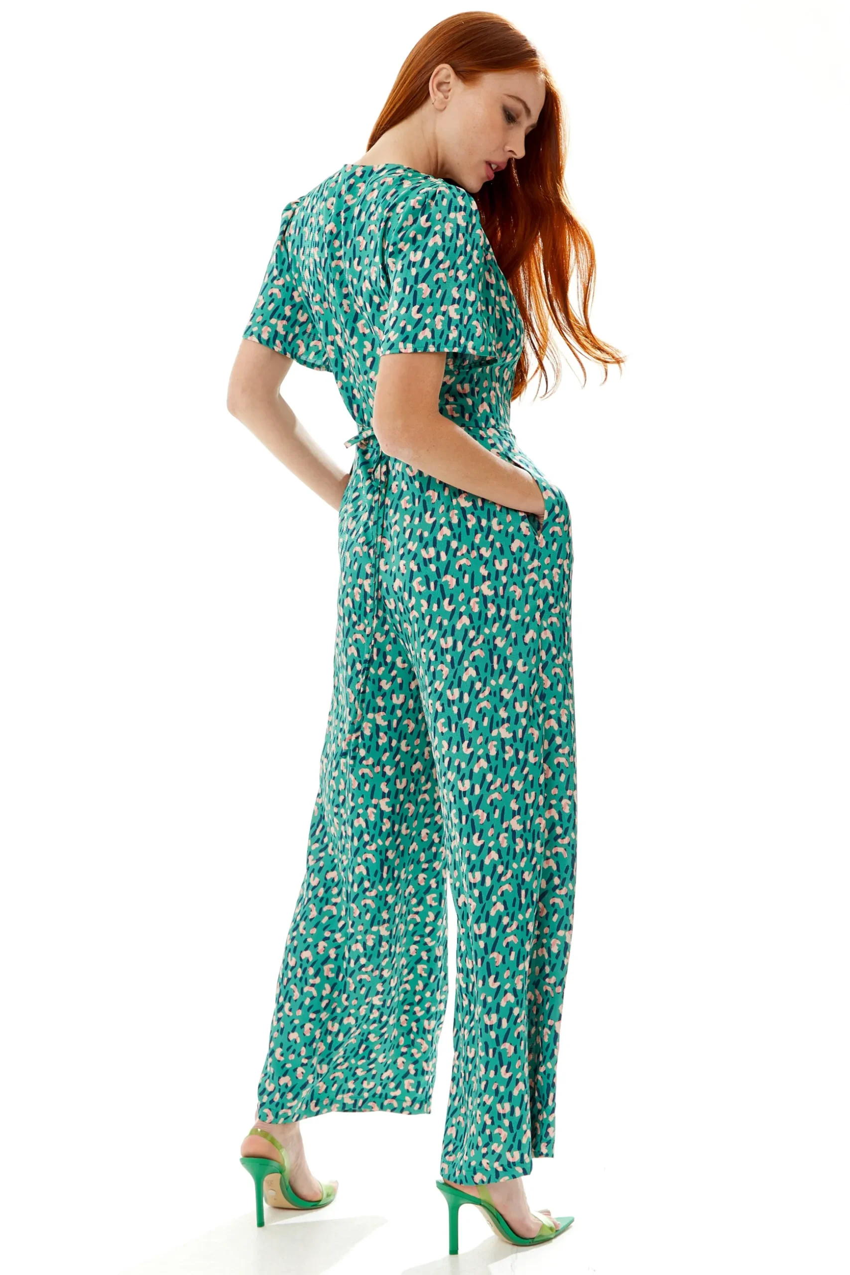 Women's Jumpsuit in Green with Stroke Print, Short Sleeves, V Neck, Wide Leg Design - Liquorish