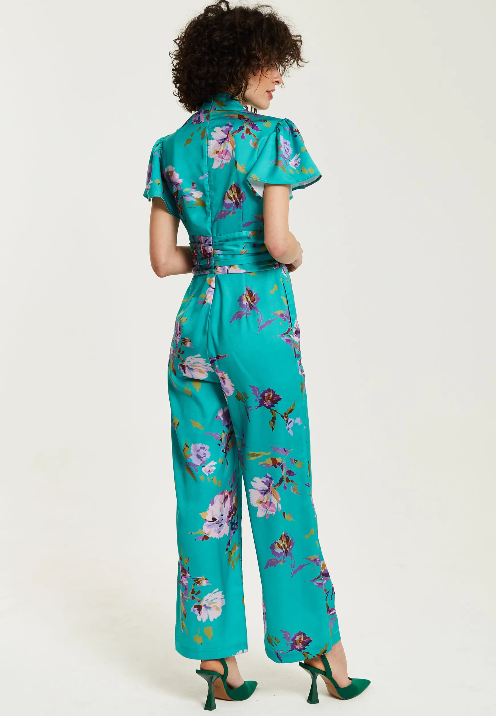 Women's Jumpsuit in Green Floral Print with Short Sleeves and V Neck - Regular Fit by Liquorish
