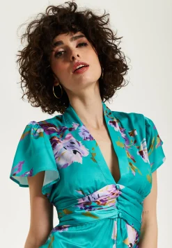 Women's Jumpsuit in Green Floral Print with Short Sleeves and V Neck - Regular Fit by Liquorish
