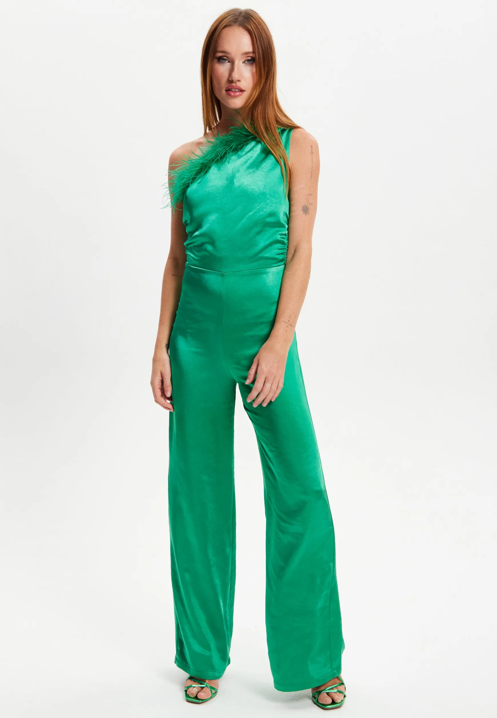 Women's Jumpsuit in Green - One Shoulder with Fur Detail, Ruched Bodice, Slim Fit, by Liquorish