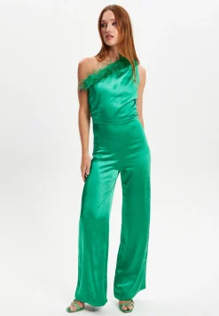 Women's Jumpsuit in Green - One Shoulder with Fur Detail, Ruched Bodice, Slim Fit, by Liquorish