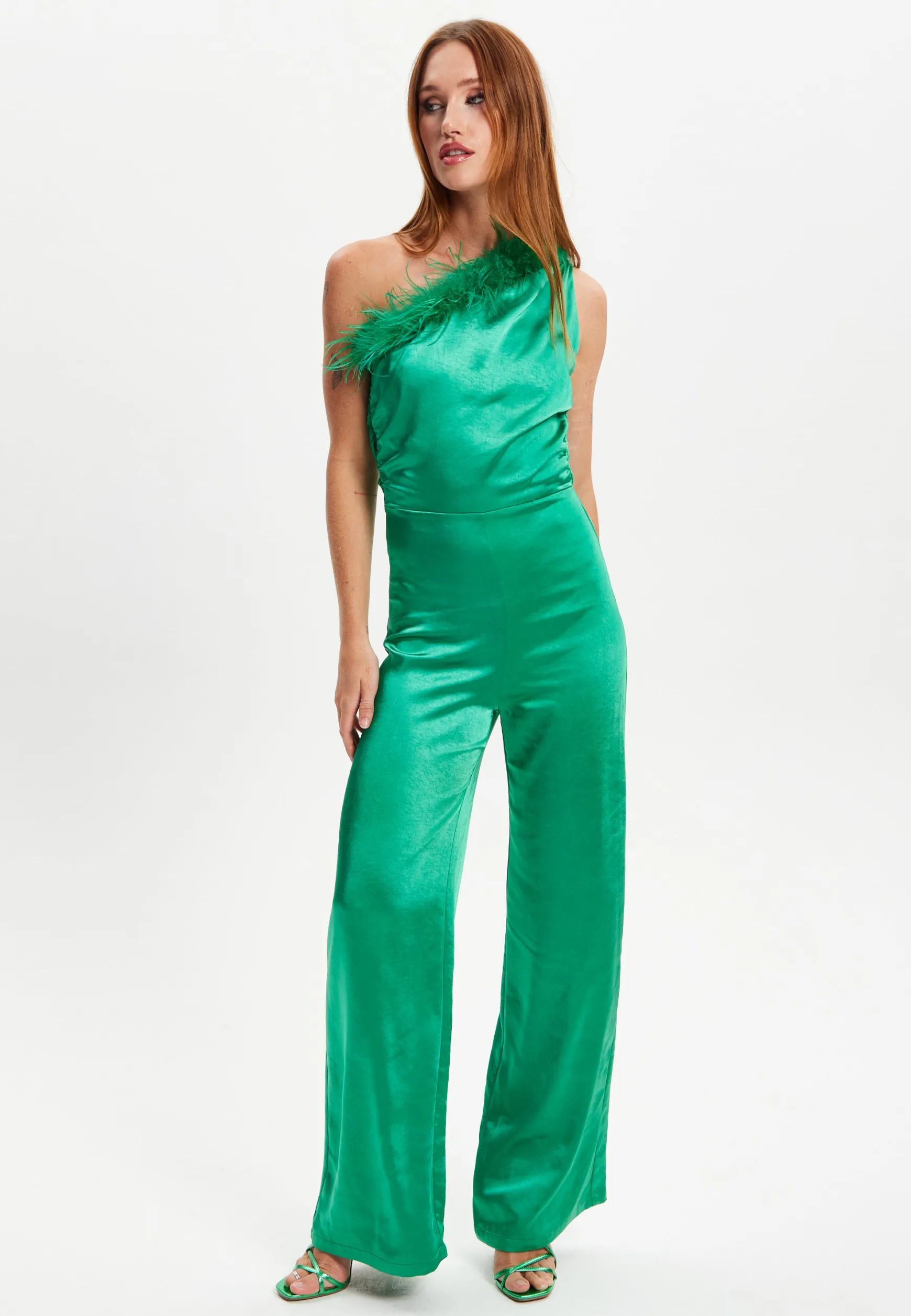 Women's Jumpsuit in Green - One Shoulder with Fur Detail, Ruched Bodice, Slim Fit, by Liquorish