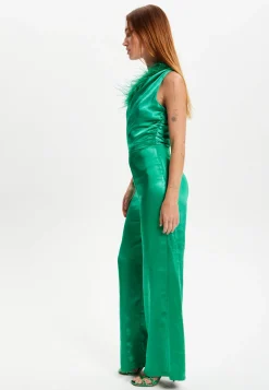 Women's Jumpsuit in Green - One Shoulder with Fur Detail, Ruched Bodice, Slim Fit, by Liquorish