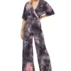 Women's Jumpsuit in Grey and Pink Tie Dye with Short Sleeves, V Neck and Open Back, by Liquorish