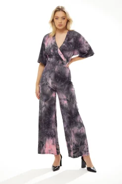 Women's Jumpsuit in Grey and Pink Tie Dye with Short Sleeves, V Neck and Open Back, by Liquorish