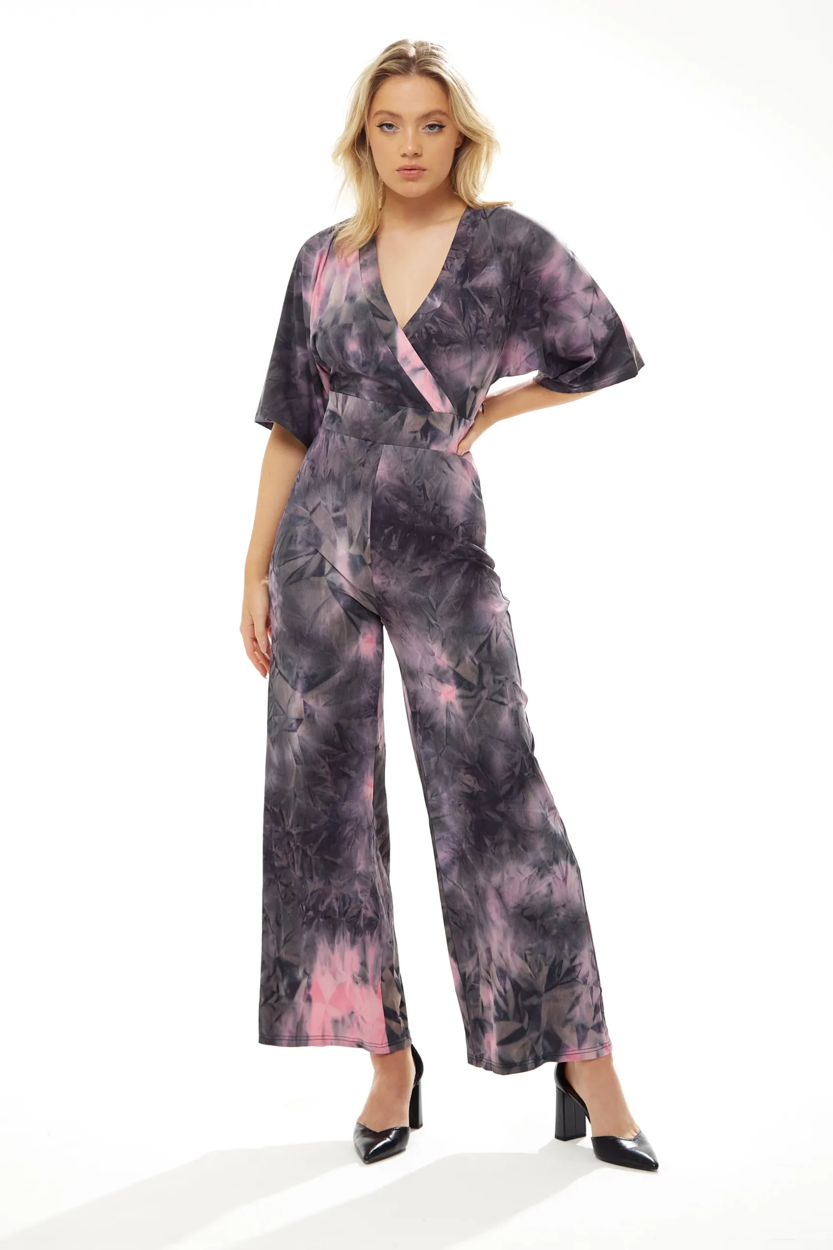 Women's Jumpsuit in Grey and Pink Tie Dye with Short Sleeves, V Neck and Open Back, by Liquorish