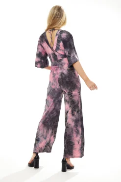 Women's Jumpsuit in Grey and Pink Tie Dye with Short Sleeves, V Neck and Open Back, by Liquorish