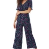 Women's Jumpsuit in Navy with Cherry Print, V Neck, Short Sleeves, Wide Leg - Liquorish