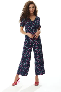 Women's Jumpsuit in Navy with Cherry Print, V Neck, Short Sleeves, Wide Leg - Liquorish