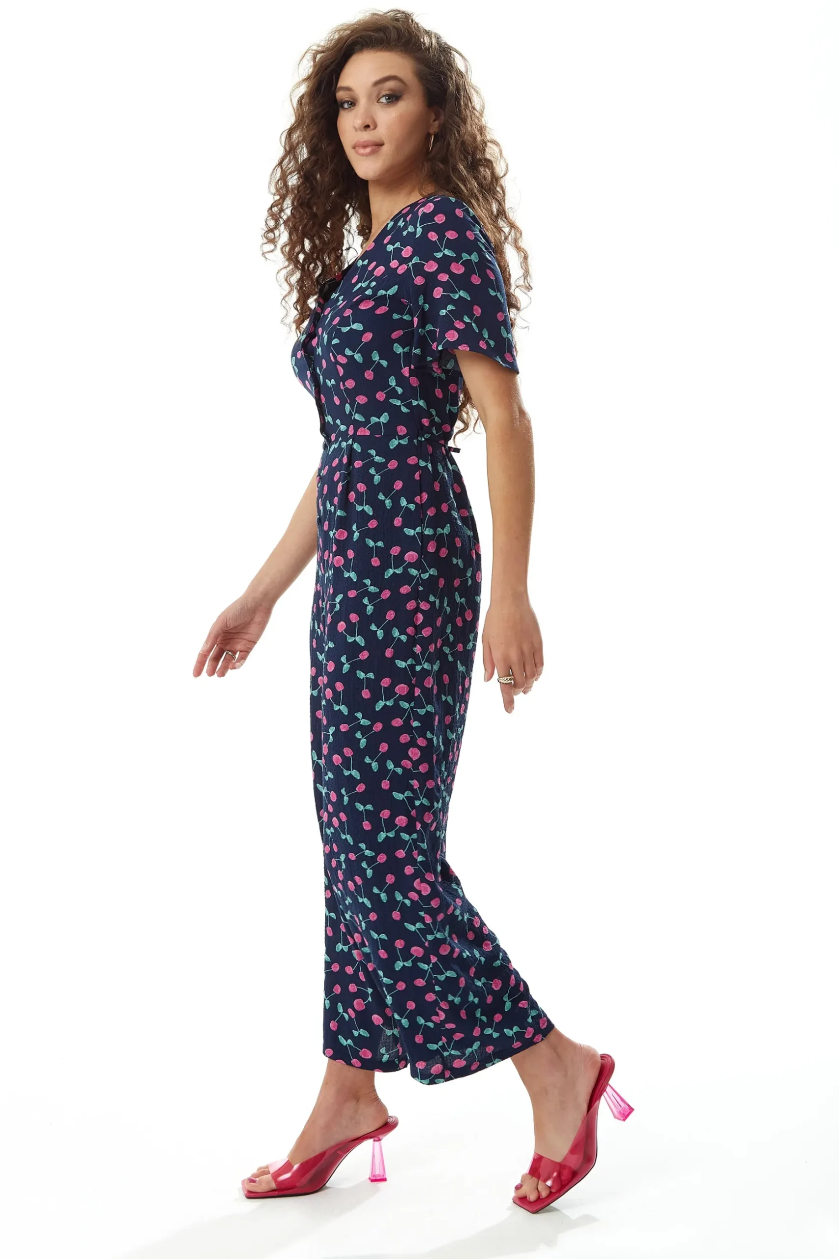 Women's Jumpsuit in Navy with Cherry Print, V Neck, Short Sleeves, Wide Leg - Liquorish
