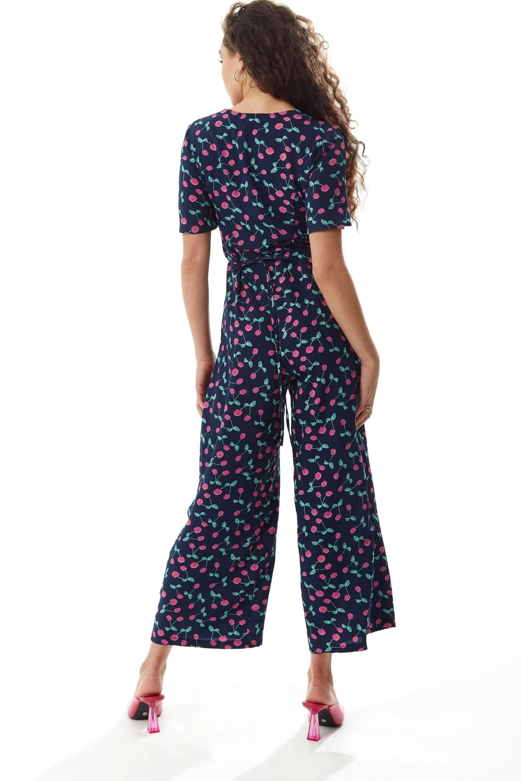 Women's Jumpsuit in Navy with Cherry Print, V Neck, Short Sleeves, Wide Leg - Liquorish