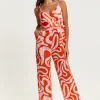 Women's Jumpsuit in Pink and Red Abstract Print with V Neck, Crossover Front, Tie Waist, Wide Legs - Liquorish