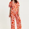 Women's Jumpsuit in Pink and Red with Abstract Print, V Neck, Crossover Front, Short Sleeves, Liquorish