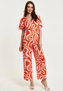 Women's Jumpsuit in Pink and Red with Abstract Print, V Neck, Crossover Front, Short Sleeves, Liquorish