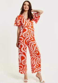 Women's Jumpsuit in Pink and Red with Abstract Print, V Neck, Crossover Front, Short Sleeves, Liquorish