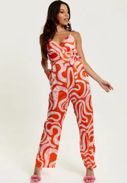 Women's Jumpsuit in Pink and Red Abstract Print with V Neck, Crossover Front, Tie Waist, Wide Legs - Liquorish